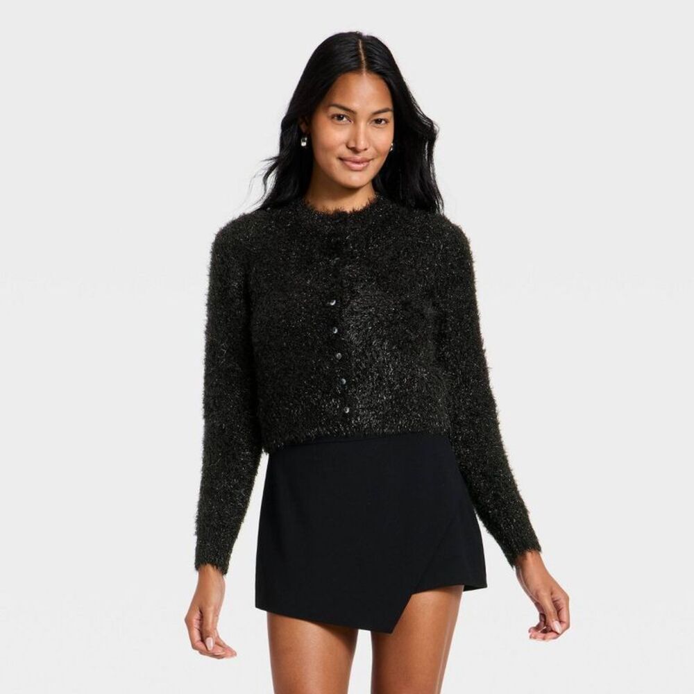 Women's Long Sleeve Party Cardigan Sweater - A New Day Black L